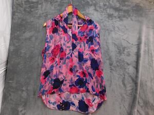 Go By Gosilk Blouse Womens L Pink Floral High Neck Ruffle Sleeveless Chiffon